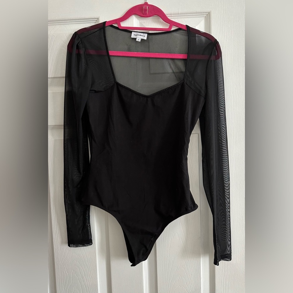 Superdown Nathalie Mesh Sleeve Bodysuit in Black